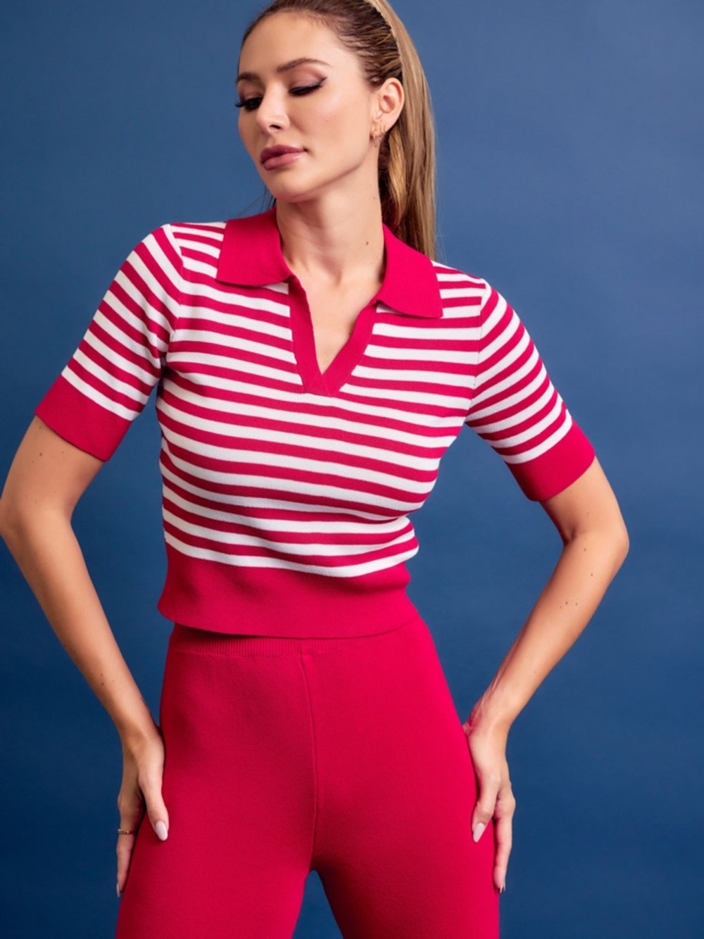 265. Calm Day Stripe Knit Top and Pants Set in red - Picture 5 of 7